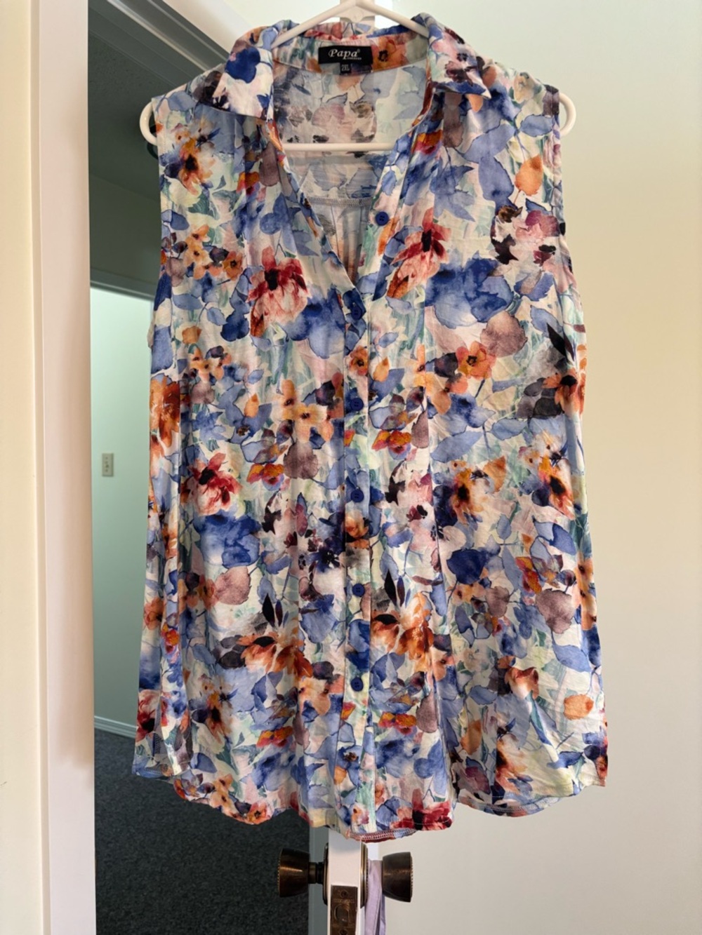 Papaya Floral Sleeveless Button-Down Shirt in Blue Multi